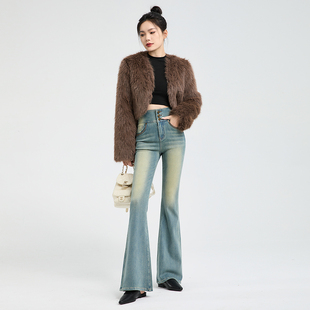 敦梵四面弹力复古蓝高腰微喇牛仔裤女春季新款修身显瘦加长拖地裤