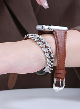 适用apple watch109表带iwatch s9表带真皮iwatch8/7/6/5se苹果手表表金属链条带双圈ultra小蛮腰46/45mm表带