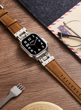 适用AppleWatch Ultra2机甲机能风表带苹果手表S10表带疯马皮iwatch9/8/7/6/SE/5/高级钛色UltraS8商务新款潮