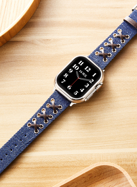 索柯适用iwatch10苹果S9手表applewatch6表带8牛仔帆布S7时尚7夏天S6代高级感6SE女款小众41/46mm创意智能潮