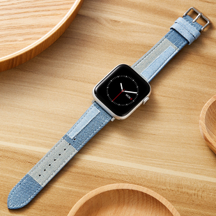 45mm腕带 索柯适用于apple 4代头层牛皮表带真皮创意拼色牛仔42 watch10表带iwatch9代苹果手表se