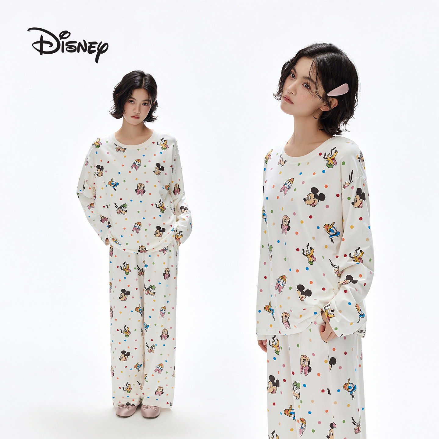 迪士尼莫代尔棉可外穿卡通可爱套头长袖睡衣家居服两件套装女春秋