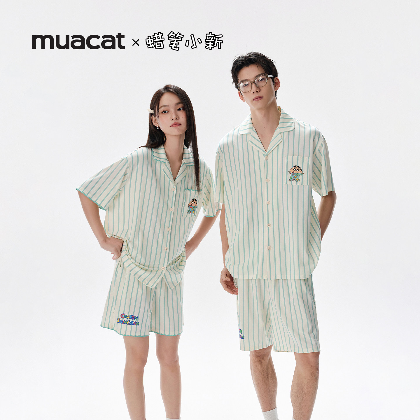 亲嘴猫蜡笔小新莫代尔开衫情侣短袖短裤卡通条纹睡衣家居服套装夏