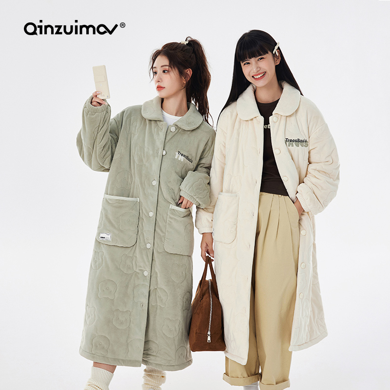 亲嘴猫冬季海岛绒夹棉闺蜜睡袍中长款三层加厚女士睡衣家居服冬天