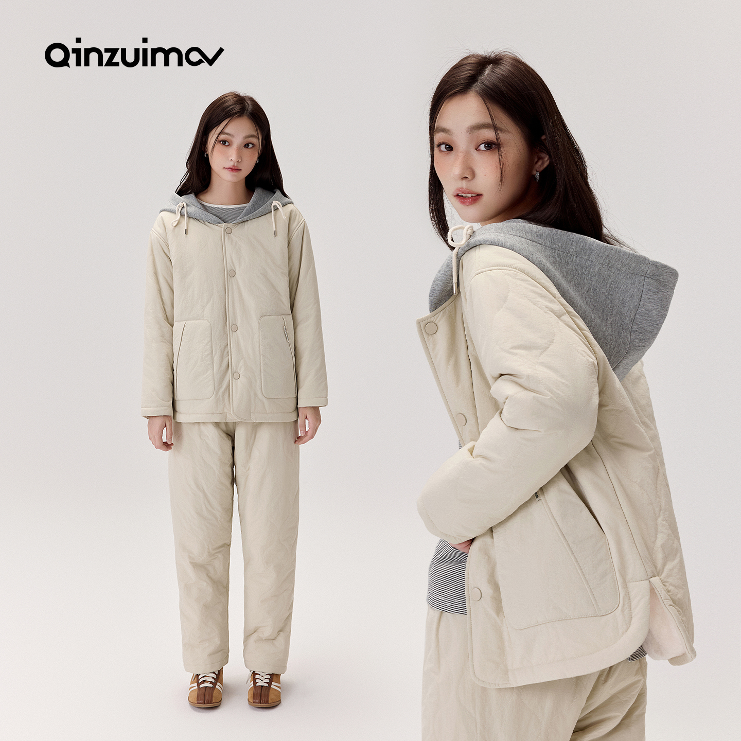 亲嘴猫冬季三层加厚防风布夹棉睡衣女士连帽保暖套装家居服可外穿