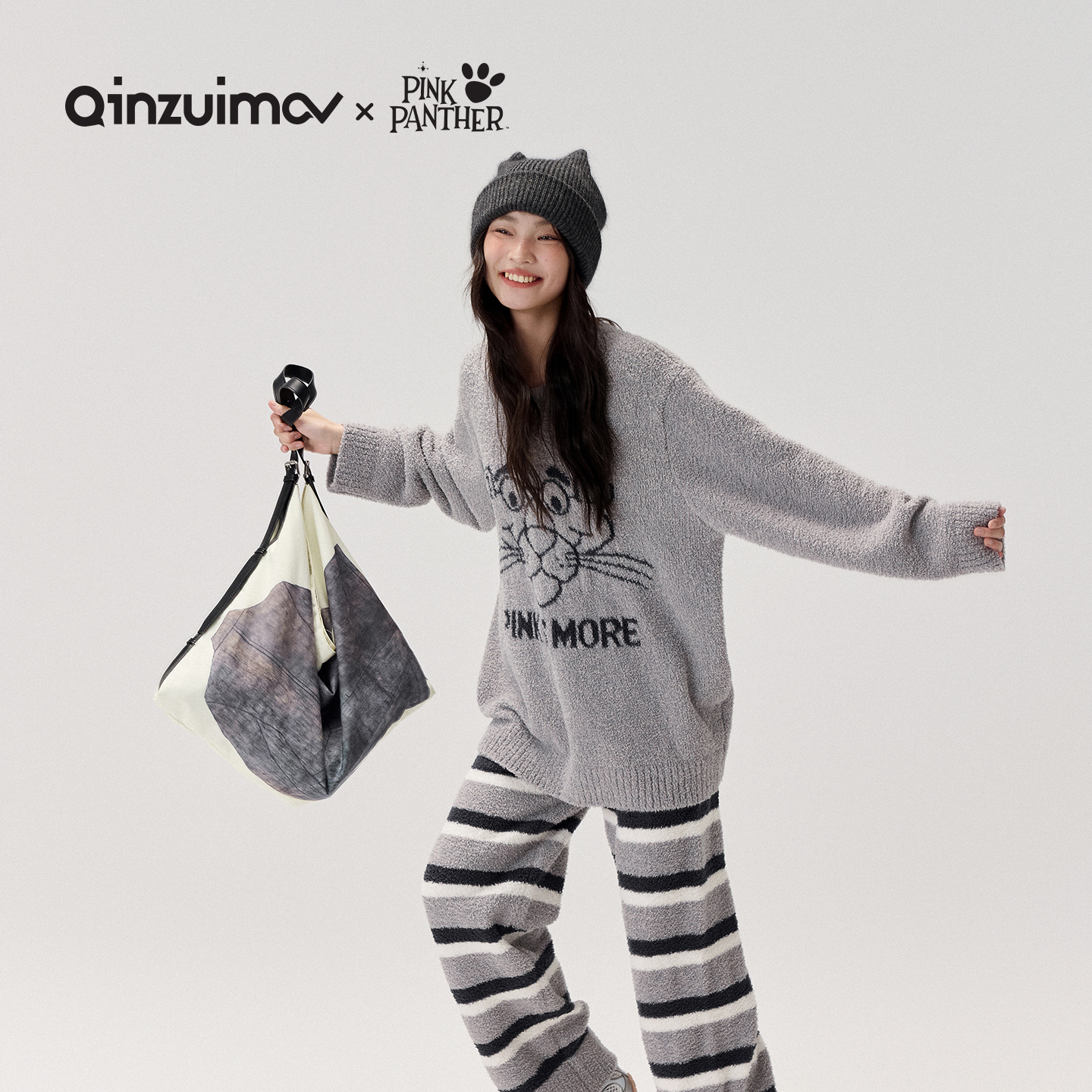 亲嘴猫半边绒可外穿保暖睡衣套装