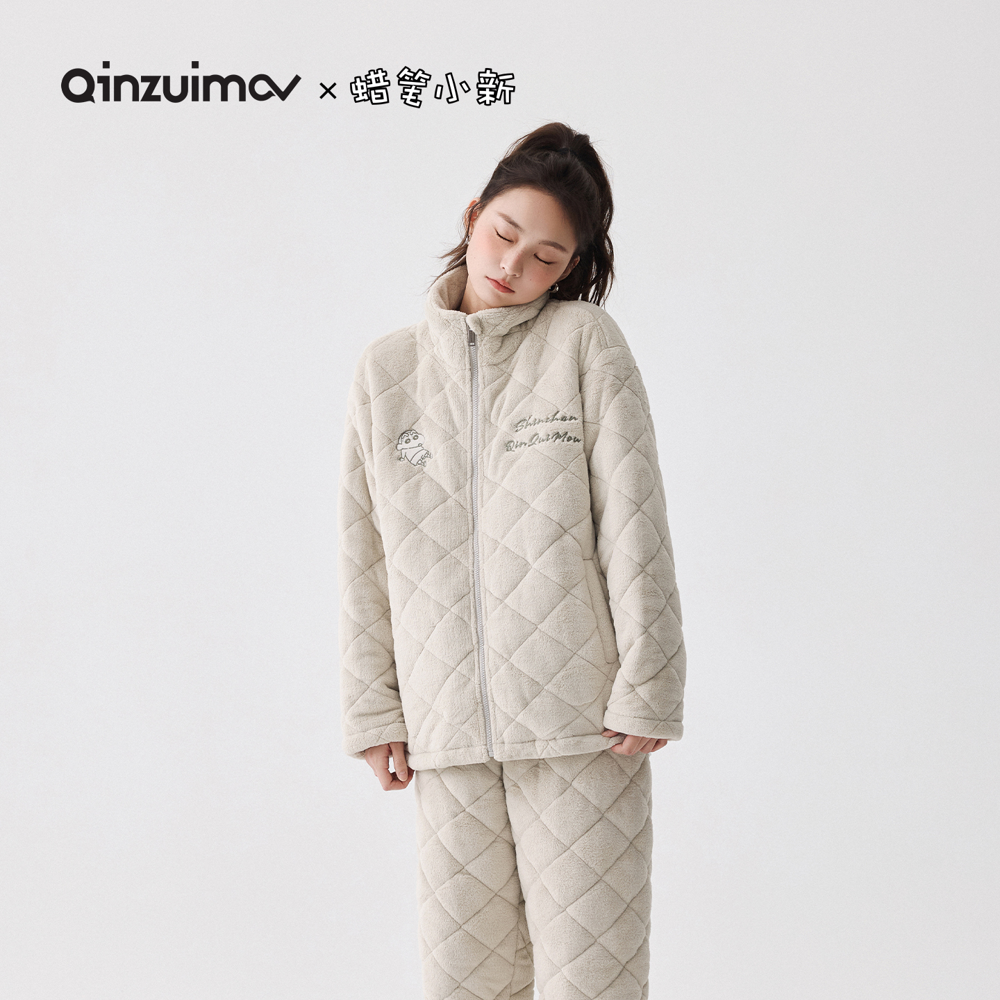 亲嘴猫【蜡笔小新】三层加厚暖暖绒女夹棉睡衣可外穿家居服套装冬