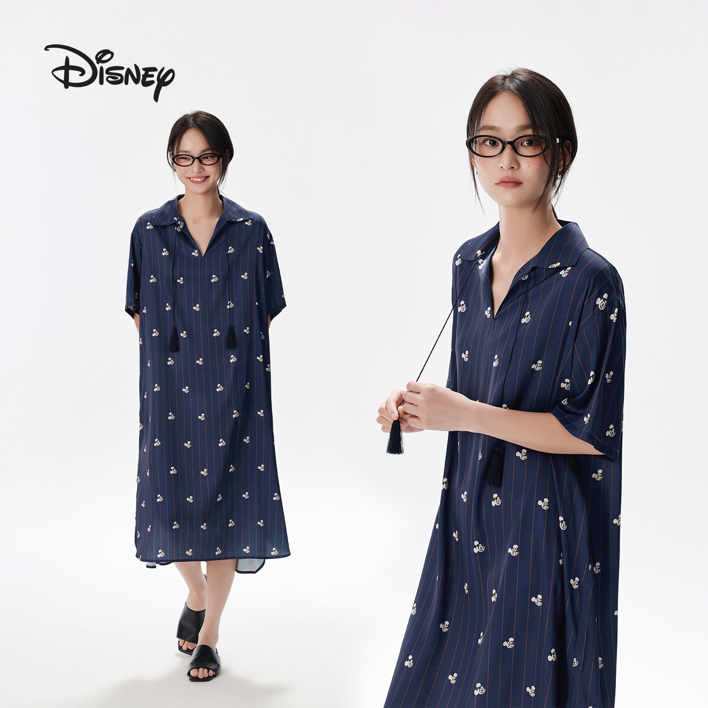 迪士尼冰丝凉感可外穿少女休闲短袖高级感条纹睡衣家居服睡裙夏季