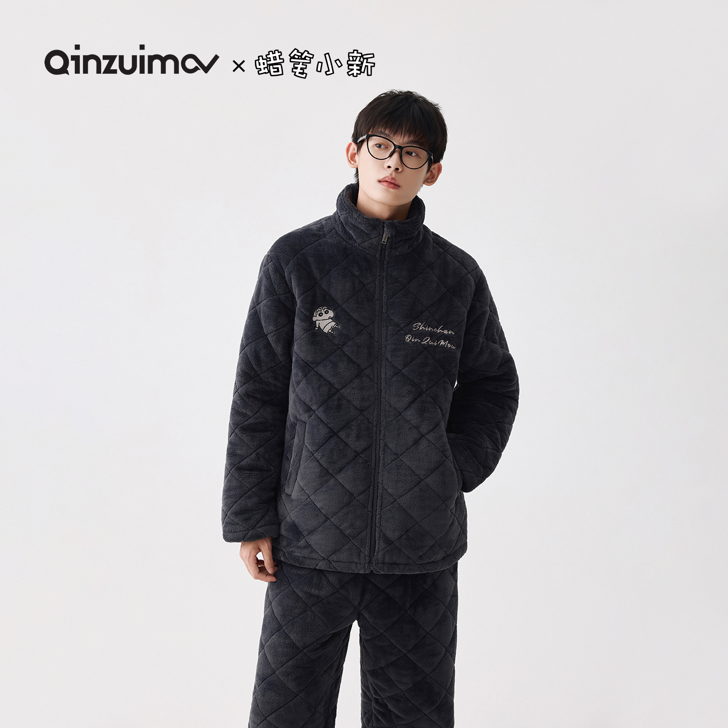 亲嘴猫【蜡笔小新】三层加厚暖暖绒夹棉睡衣家居服套装可外穿男冬