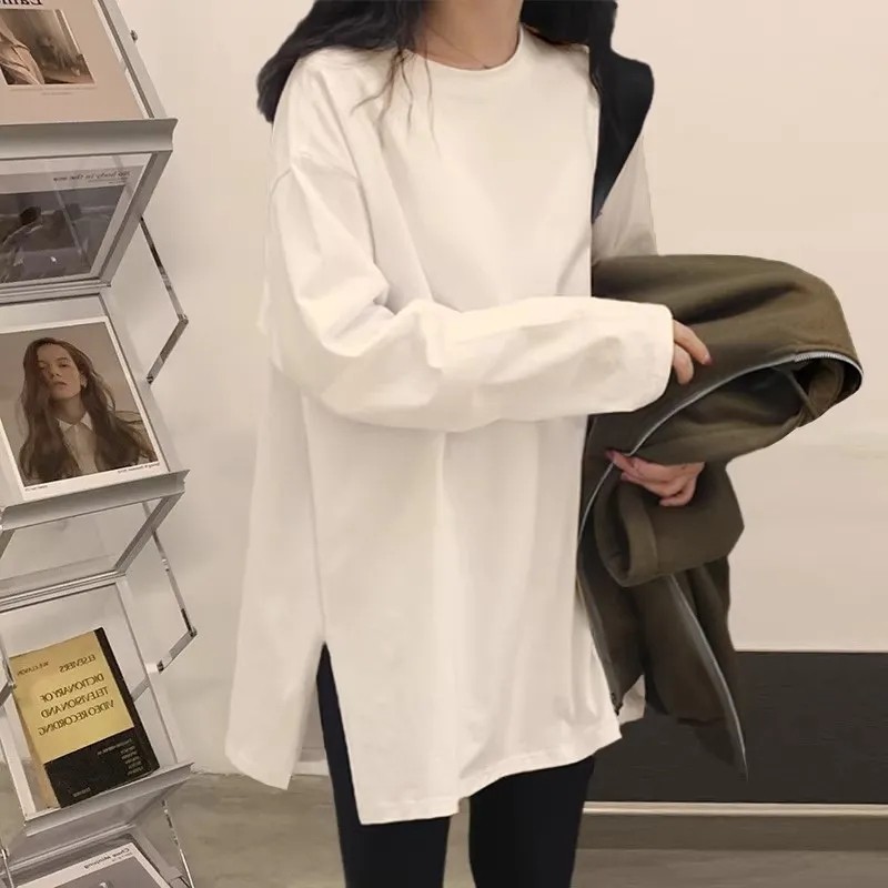 韩版白色开叉长袖T恤女春季2026新款纯棉宽松洋气内搭打底衫上衣