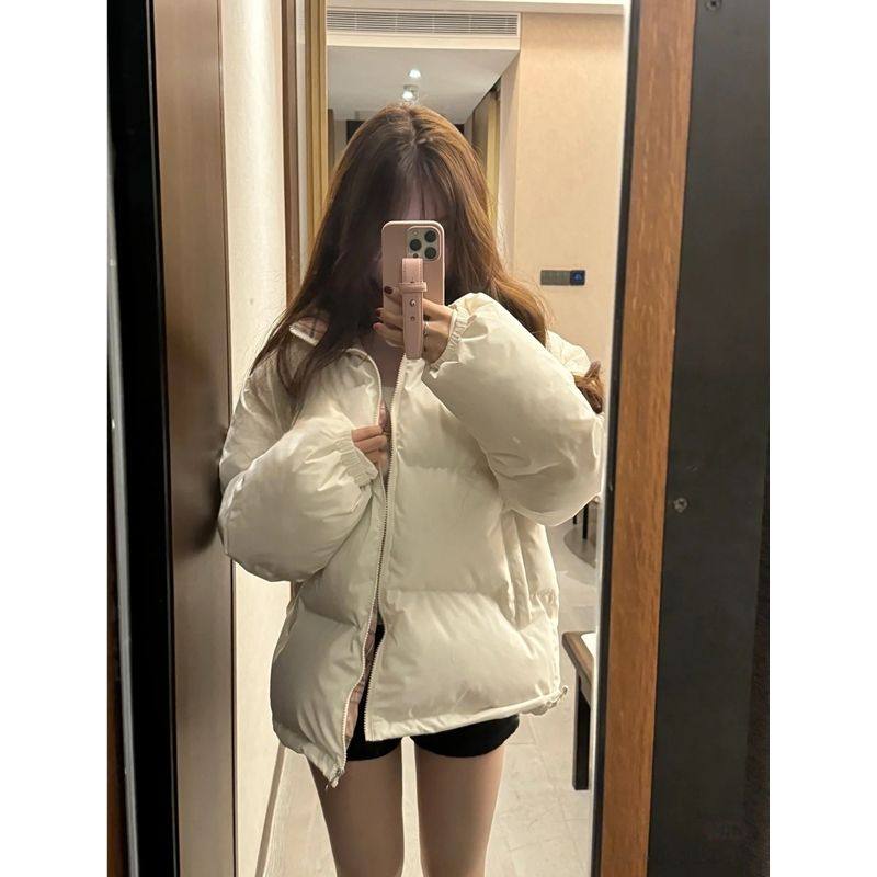 美式学院风米色立领羽绒棉服女潮