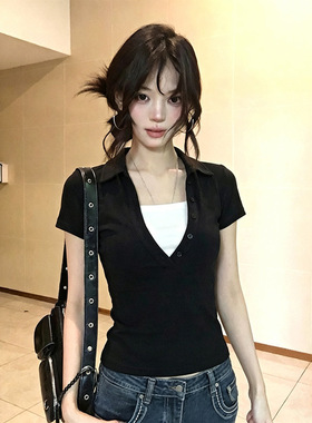 美式复古假两件V领正肩短袖T恤女夏季设计感小众辣妹修身短款上衣