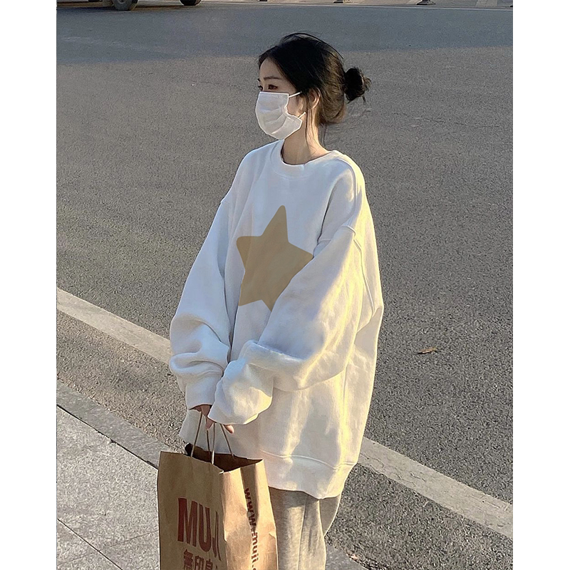 奶fufu白色无帽卫衣女秋冬季上衣