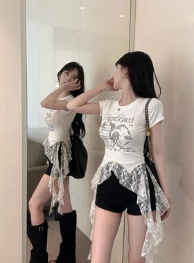 美式复古蕾丝拼接不规则白色短袖T恤女夏季辣妹风修身短款小上衣