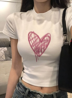 正肩短袖t恤女夏季设计感小众紧身美式复古甜辣妹风白色短款上衣