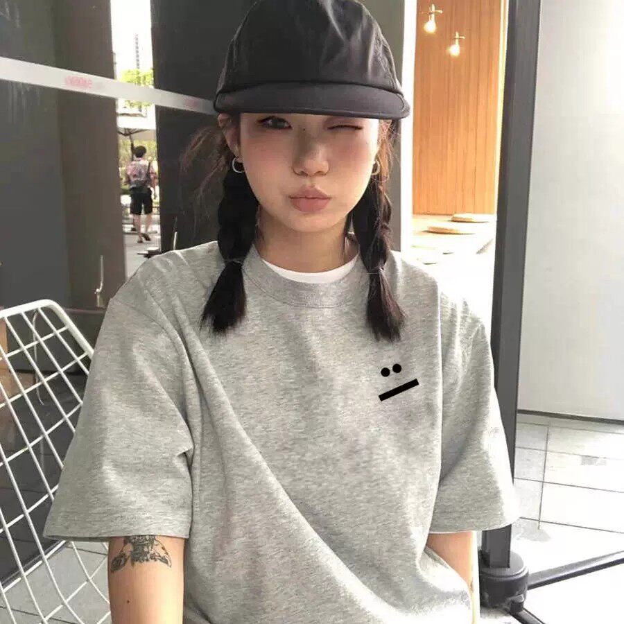 美式复古笑脸浅灰色短袖T恤女夏