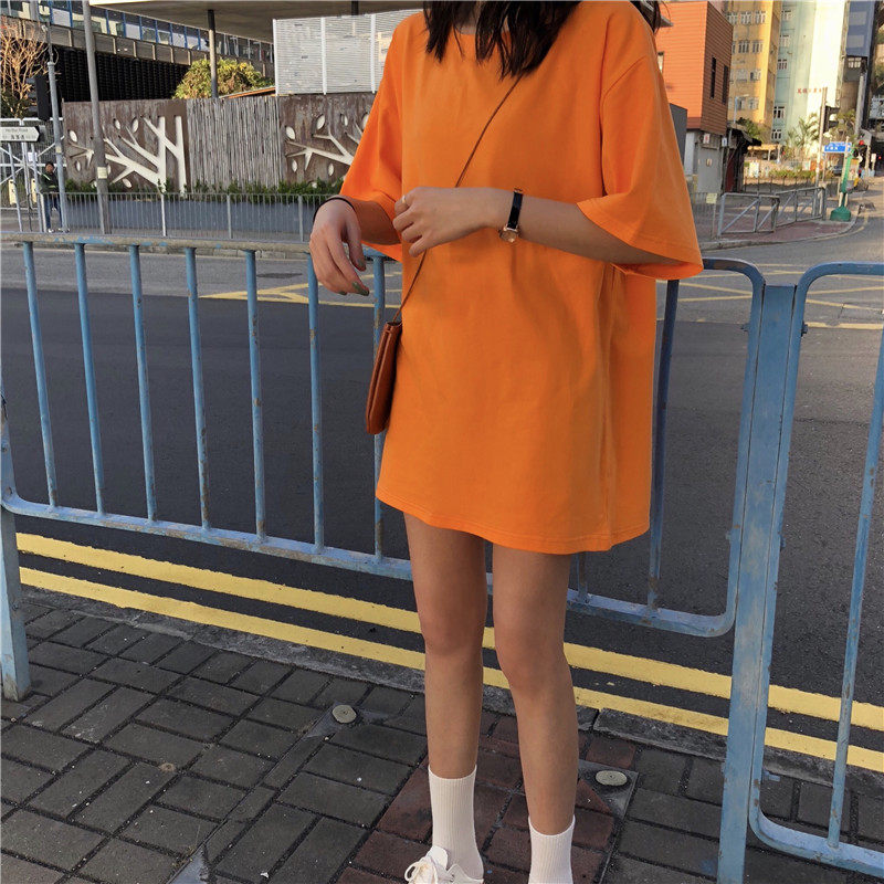 美式复古纯棉中长款短袖t恤女夏