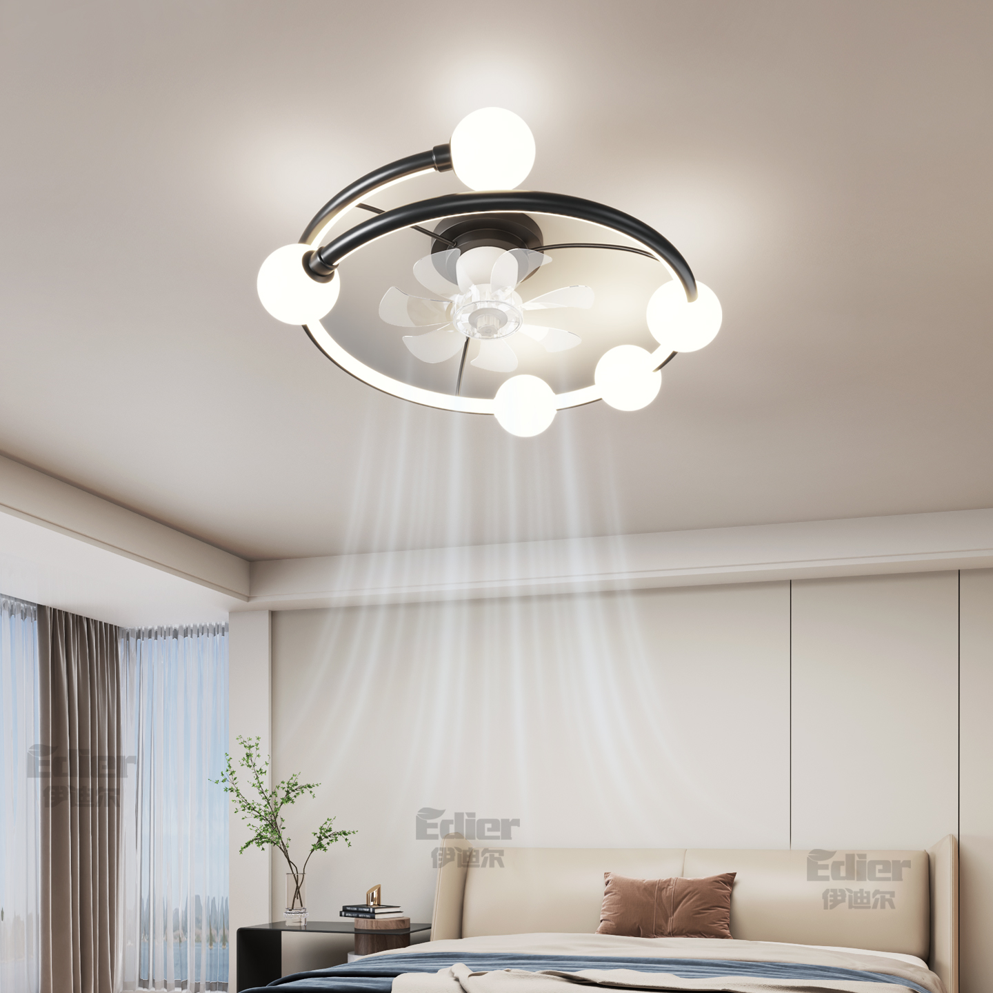 极简风扇吸顶灯现代简约卧室餐厅智能摇头直吹大风力电扇LED灯具