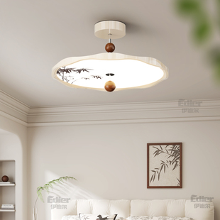 卧室餐厅吸顶灯圆形竹叶印花主卧灯具新中式 禅意全光谱护眼房间灯