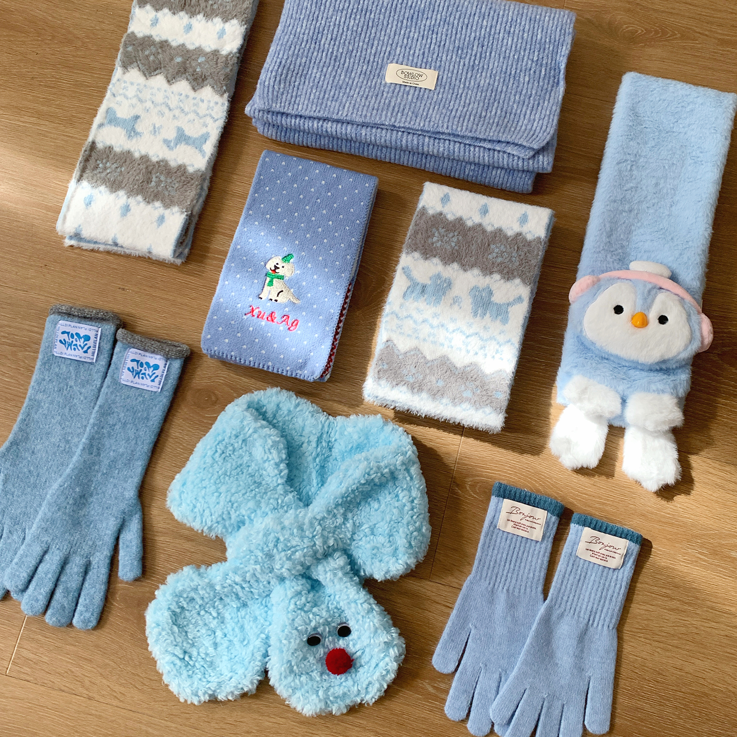 韩系蓝色毛绒围巾女生冬可爱学生