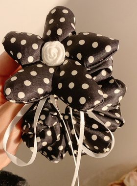 黑色波点花朵大肠发圈女高级感扎头发发饰复古小众头绳百搭慵懒风
