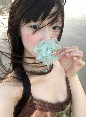 海边度假风薄荷绿色仿真花朵发夹女森系网纱侧边发卡夹子头饰拍照