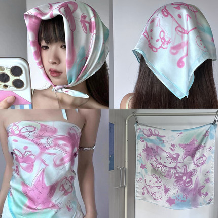 可爱粉色Kitty包头头巾女多巴胺y2k千禧风美式街头嘻哈方巾抹胸