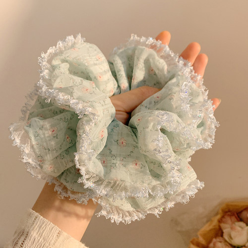蓝色碎花大肠发圈女高级感花边