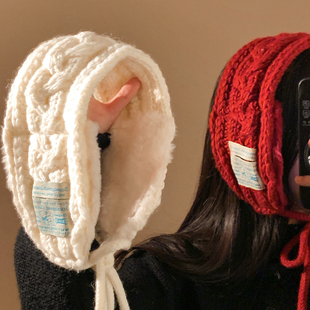 韩系红色毛线针织系带耳罩女冬季防风防寒毛绒保暖护耳包耳暖耳套