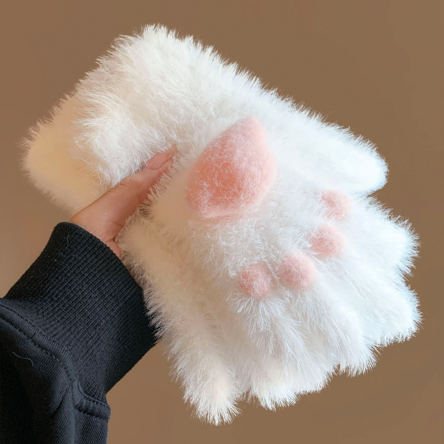 可爱白色长毛猫爪毛绒手套女冬季加厚保暖防寒软萌粉肉垫拍照cos
