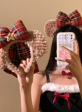 圣诞节蝴蝶结红色小熊耳朵毛绒发箍女游乐园拍照洗脸化妆头饰头箍