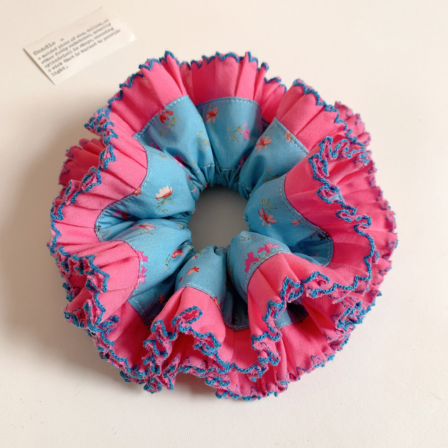 蓝色碎花粉边双层大肠发圈女高级感头花丸子头扎头发百搭头饰发绳