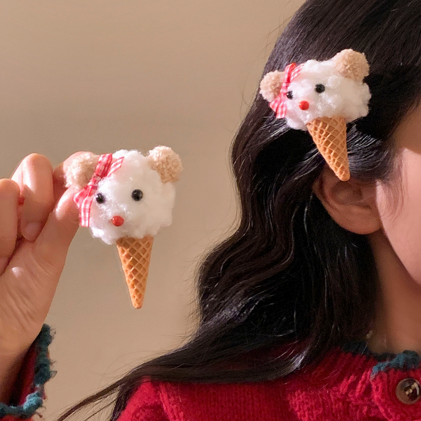 脆脆甜筒~冰淇淋小熊毛绒发夹