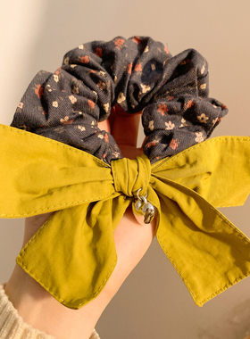 复古黄色蝴蝶结碎花大肠发圈女慵懒风秋冬百搭头饰扎头发丸子头
