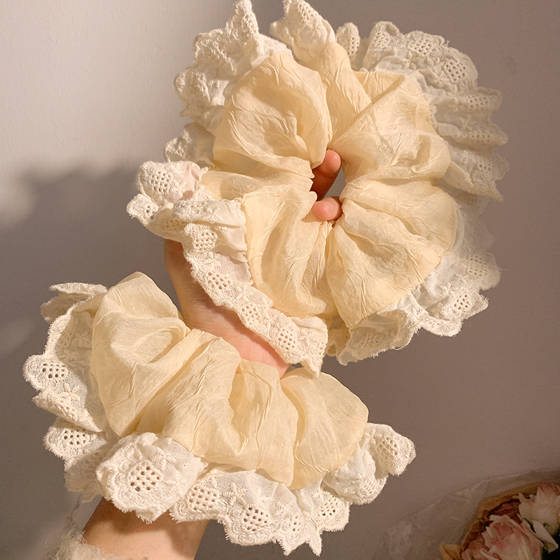 月清浮云~韩系蕾丝奶黄色大肠发圈女高级感慵懒风丸子头发饰发绳