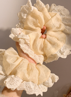 月清浮云~韩系蕾丝奶黄色大肠发圈女高级感慵懒风丸子头发饰发绳