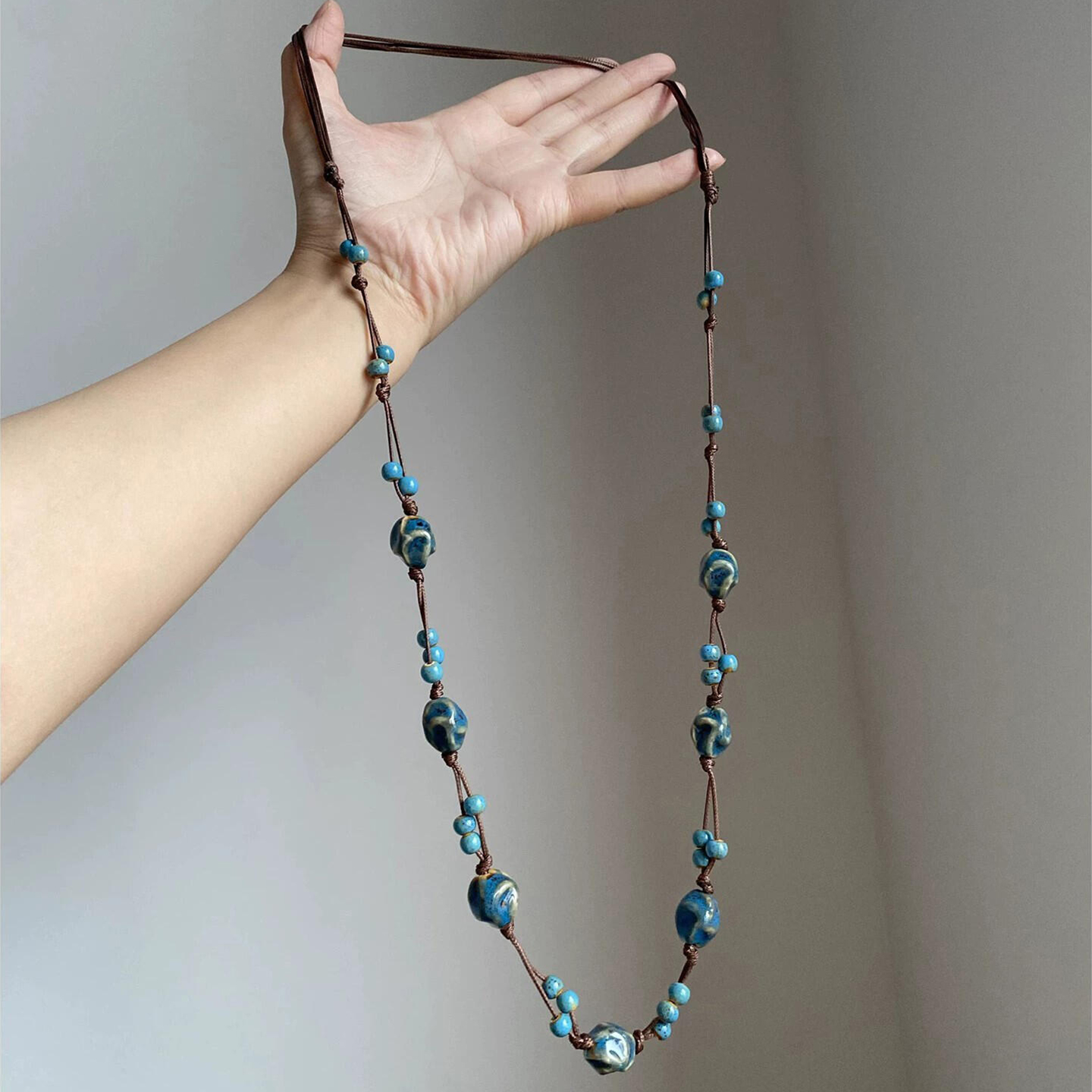 新中式国风蓝色陶瓷串珠项链