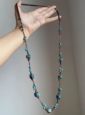 新中式国风蓝色陶瓷串珠项链女民族风编织吊坠长款毛衣链高级感