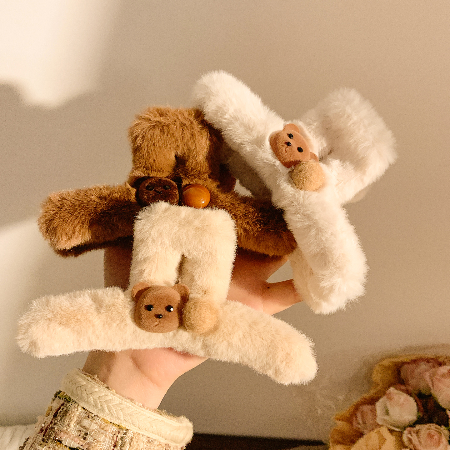 可爱卡通米色毛绒小熊抓夹