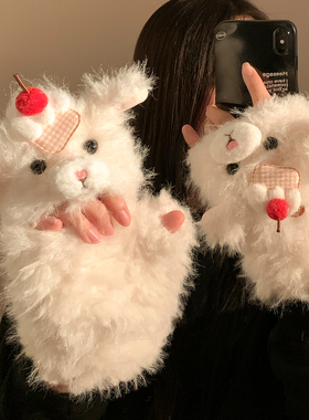 可爱白色小羊羔毛绒保暖手套女冬季甜美百搭加厚防风防寒触屏翻盖