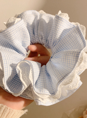 韩系温柔蓝色格子蕾丝大肠发圈女高级感慵懒风头饰丸子头大号发绳