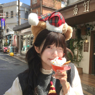 可爱小熊耳朵圣诞帽子毛绒发箍女游乐园拍照洗脸化妆发饰头箍秋冬