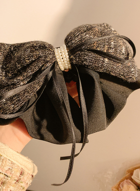 高级感黑色针织珍珠蝴蝶结马尾抓夹女韩系温柔头饰后脑勺盘发发夹