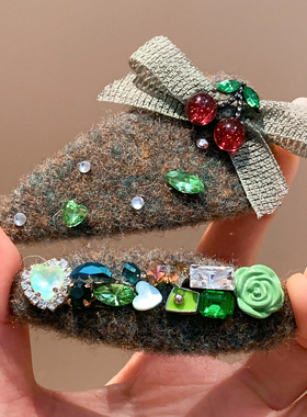 绿色蝴蝶结水钻毛呢发夹边夹侧边刘海夹女高级感韩系发卡气质头饰