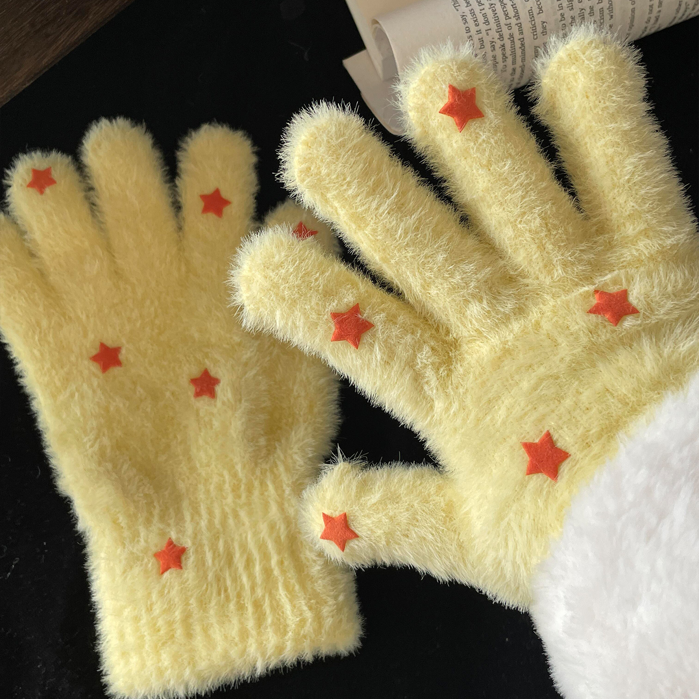 奶黄面包~黄色星星毛绒手套女冬季保暖防寒防风学生可爱甜美骑行