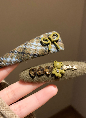 绿色蝴蝶结小熊毛呢发夹边夹侧边复古简约头饰女前额碎发刘海夹