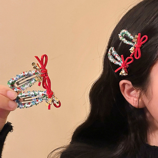 彩色串珠蝴蝶结铃铛发夹女边夹侧边发卡可爱百搭圣诞头饰刘海夹