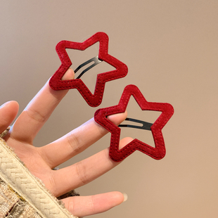 新年红色丝绒星星发夹边夹侧边碎发刘海夹女可爱发卡圣诞百搭头饰