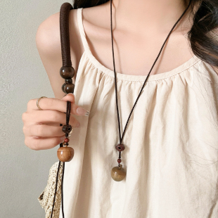 配饰 毛衣链新中式 可打开 檀木苹果吊坠挂脖项链女复古民族风长款