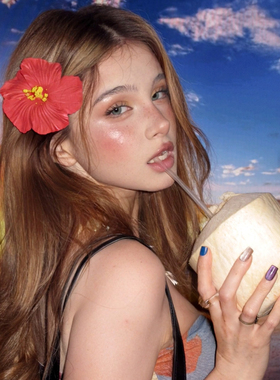 海边落日橘红色扶桑花朵发夹边夹侧边刘海碎发夹氛围感拍照头饰